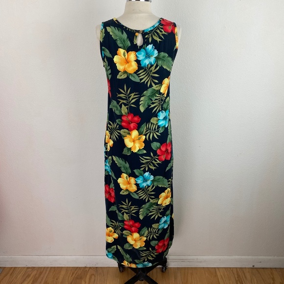 La Cabana Dark Blue Bright Floral Hawaiian Midi Dress Rayon Shift Sleeveless SM - Picture 7 of 10